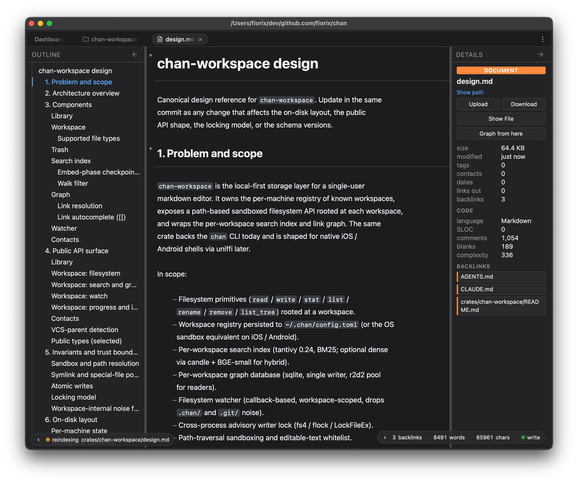 Chan editing a Markdown design doc with outline and details inspector