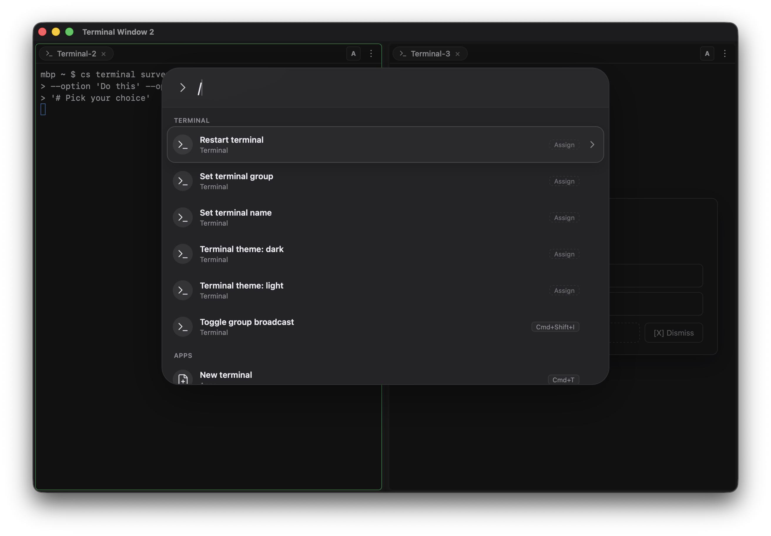 The command launcher opened in a standalone terminal window after typing a slash: terminal commands first, then the app catalog