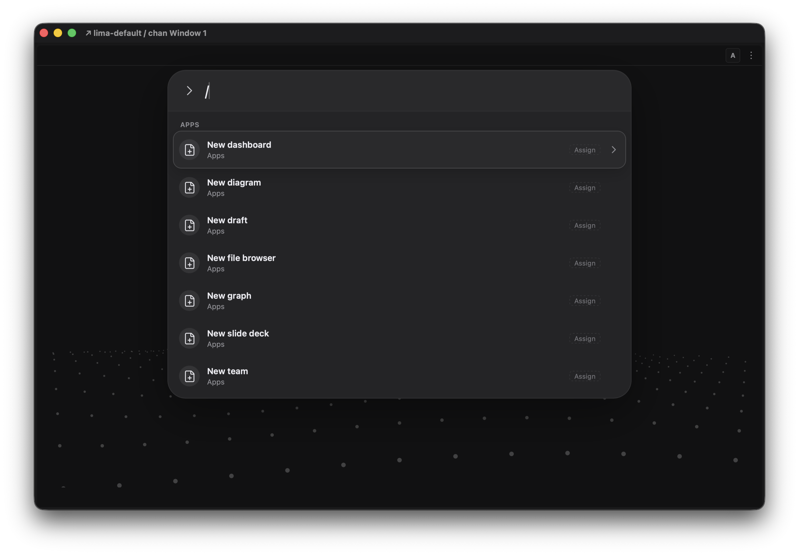The command launcher opened in a workspace window, with the workspace's commands listed first