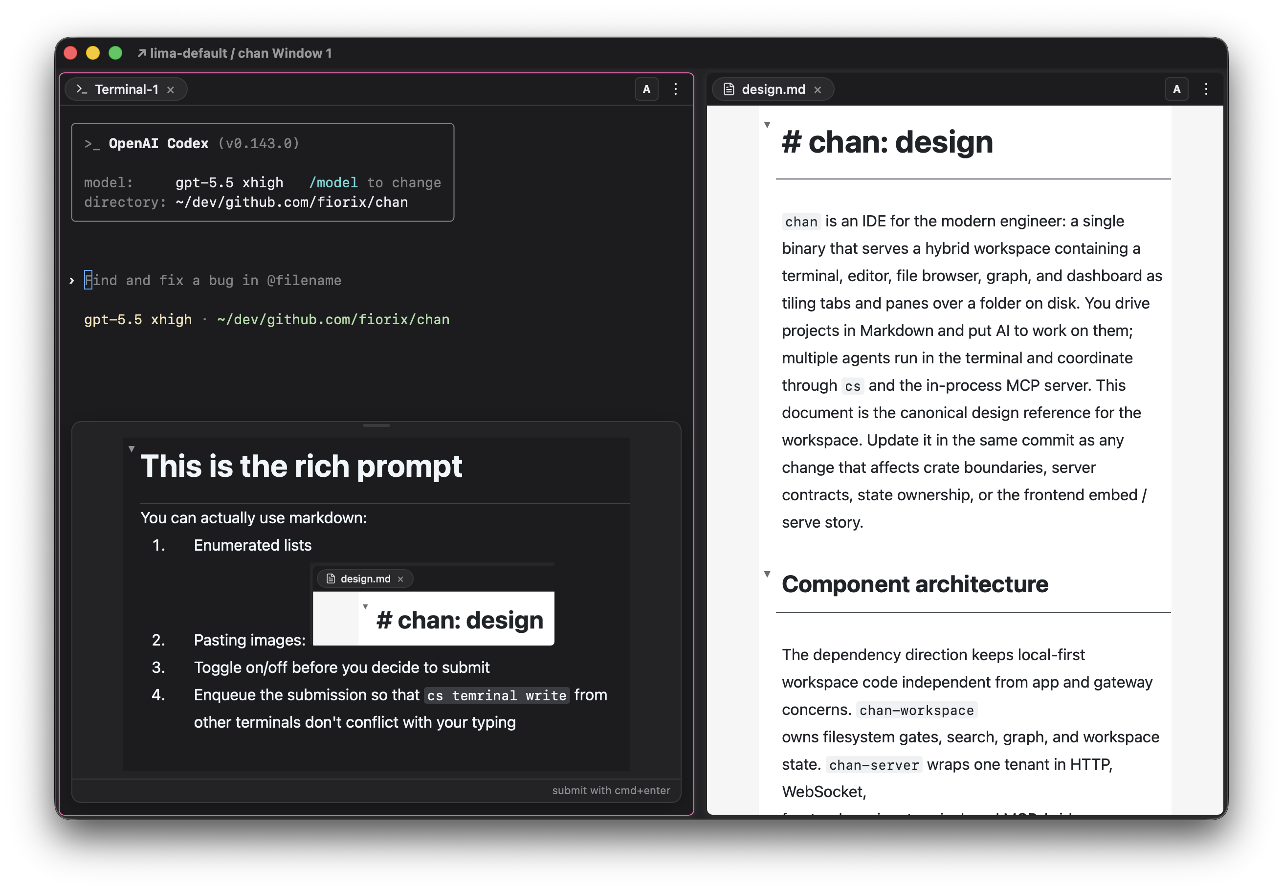 The Rich Prompt bubble over a terminal running a coding agent: rendered Markdown with a list, a pasted image, and a submit-with-cmd-enter hint