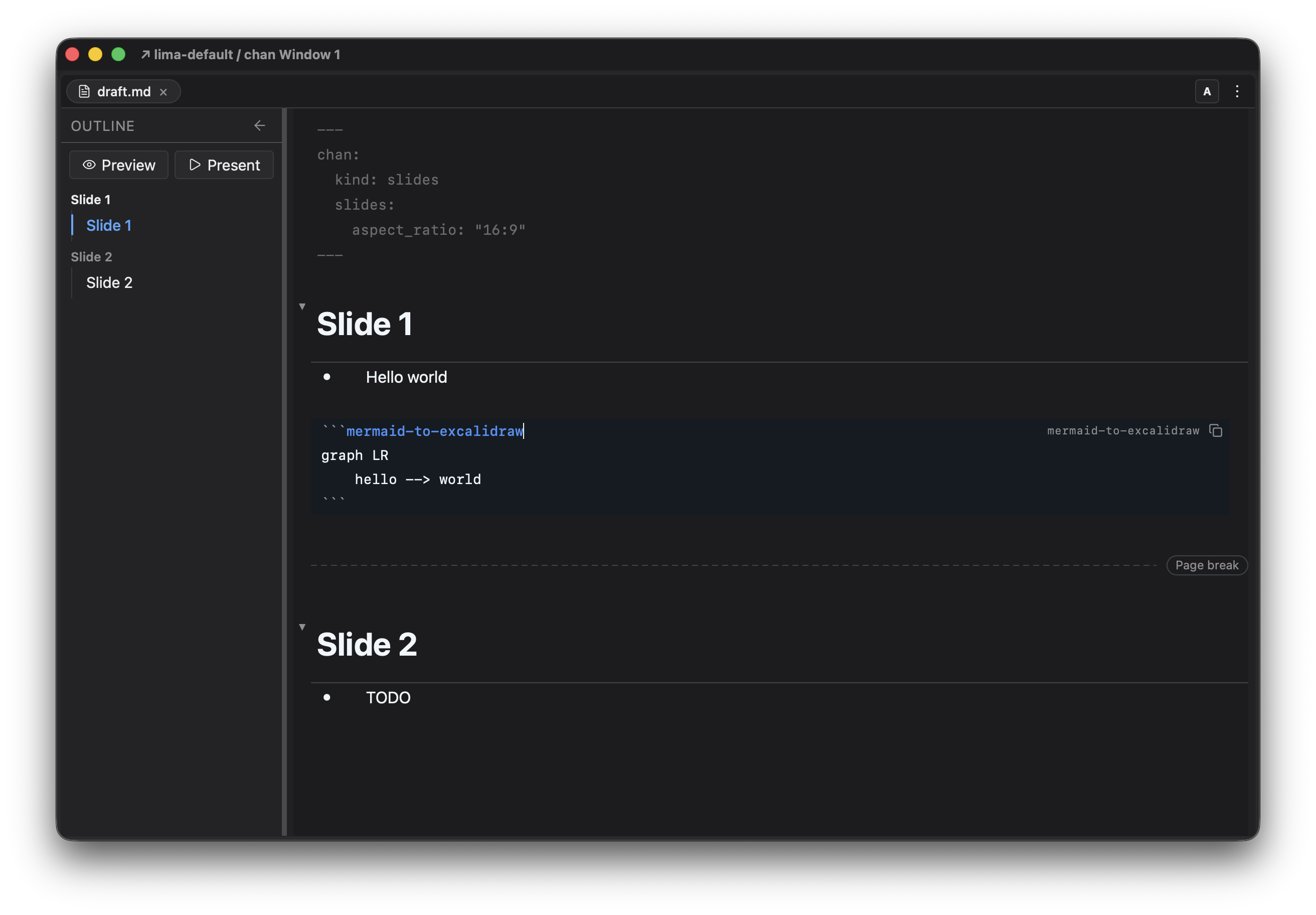 A slide deck open in the editor: the outline sidebar with Preview and Present buttons, the slides frontmatter, a mermaid-to-excalidraw fence, and a Page break marker between slides