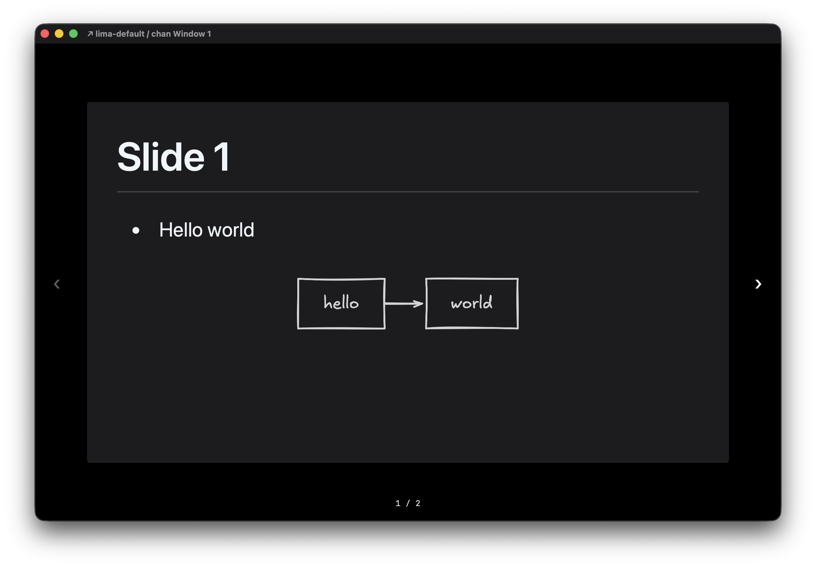 The rendered slide preview: a full slide with an Excalidraw-style diagram, previous and next arrows, and a slide counter