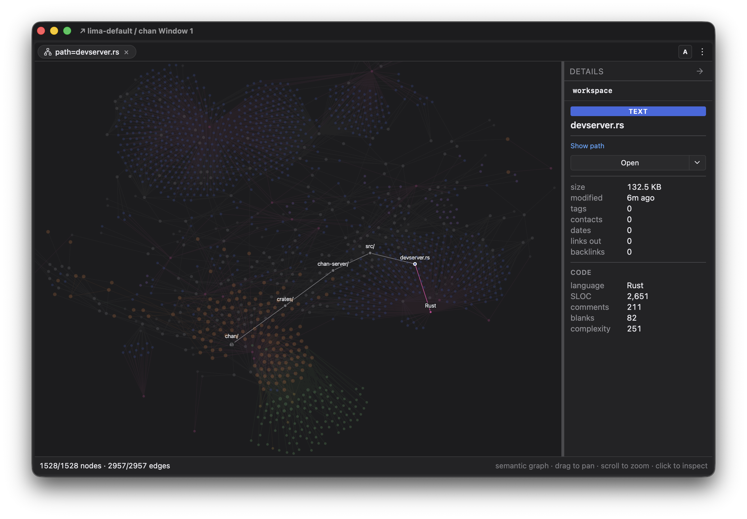 The graph app showing the whole project with one node selected and its connections highlighted